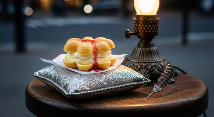 Japaneese cheesecake A delightful Parisian pastry, the Saint Honor�, takes center stage on a silver cushion atop a wooden table, illuminated by a vintage lamp.