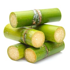 Stacked, cross-sectioned sugar cane stalks on white