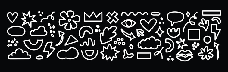 Abstract organic element set. Hand drawn sketch doodle scribble  brush geometric figure shape black background. Abstract arrow, circle, zigzag elements. Vector illustration