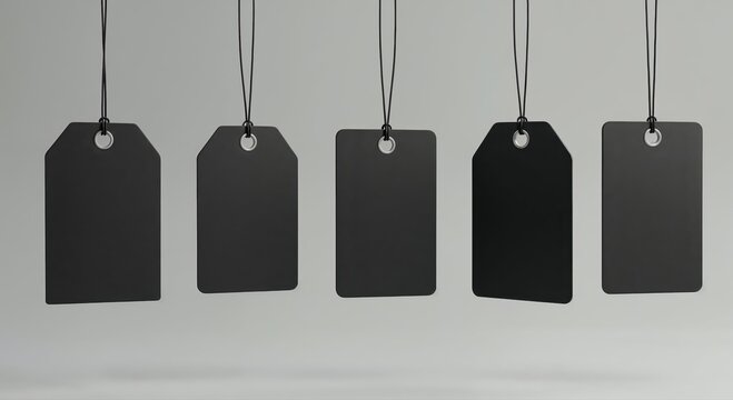 Blank Tags: Five black tags hang in perfect alignment, their simple yet elegant design creating a sense of anticipation, waiting to hold a message.