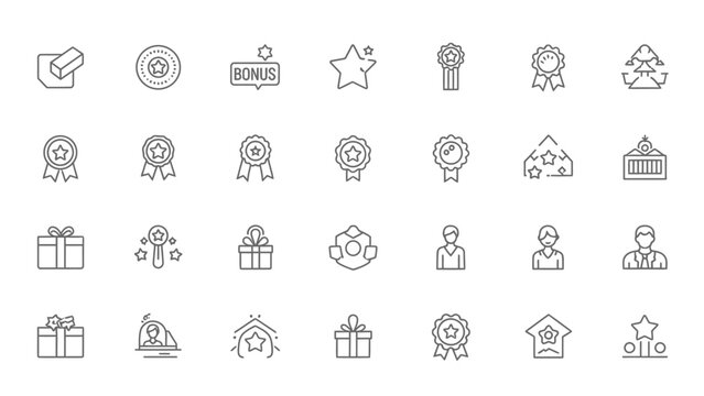 Set of thin line icons for bonus, award, gift, and people.