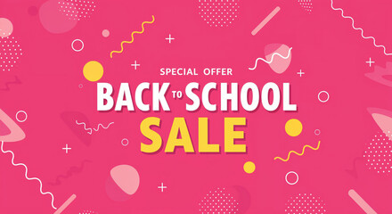 Back to School Sale: Bold text proclaiming a Back to School Sale dominates a vibrant pink background. A perfect visual for promoting discounts and deals for students.