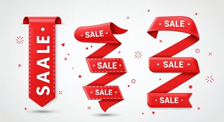 Red Ribbon Sales Graphics: Dynamic red ribbons and tags that boldly proclaim the word SALE, perfect for advertising promotions and grabbing attention.