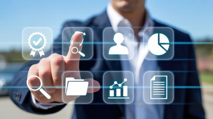 Business professional interacts with a holographic interface displaying various digital service icons