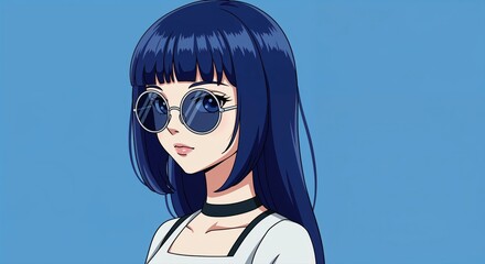 Cool Aesthetic of a young woman: A stylish young woman with striking blue hair and cool glasses embodies a trendy aesthetic, her pose exudes confidence and a modern flair.