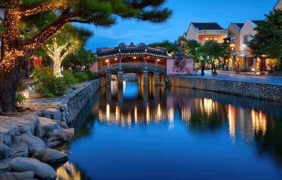 the japanese bridge in hoi an at night, vietnam with reflections on the river and traditional architecture of yellow buildings.