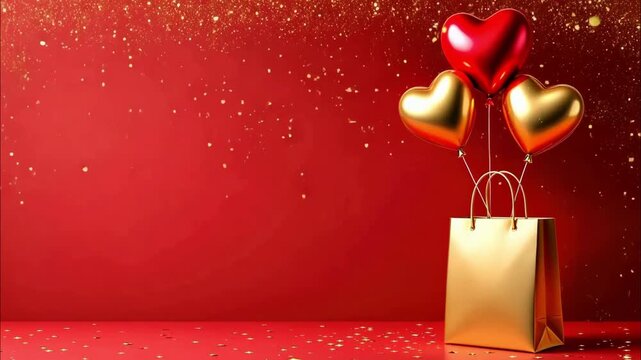 Golden gift bag with red and gold heart-shaped balloons on a red background with confetti. Valentine's Day, love, and festive celebration concept with copy space