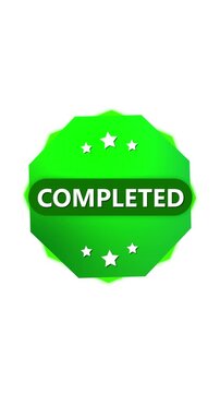 Green geometric badge completed branding element animated logo vertical video. Completed green geometric badge animation for modern corporate identity vertical video