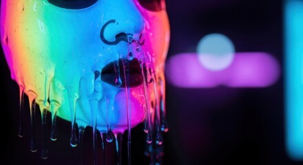 Viscous rainbow substance drips down a stylized face covering illuminated by vibrant neon lights.