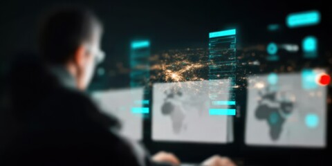 Fototapeta premium Engineers collaborate as the satellite feeds the server, which renders a detailed database visible on monitors, sharing vision to coordinate disaster relief efforts