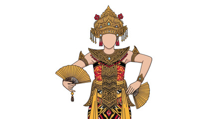 Balinese Dancer in Traditional Costume with Golden Headdress and Fans.