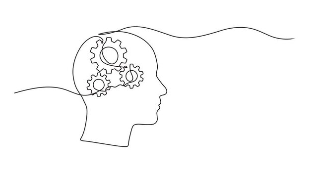 Animated self drawing of one continuous line draw metal round wheel gear inside human brain for company logo icon. Smart machine logotype symbol template concept. Full length single line animation.