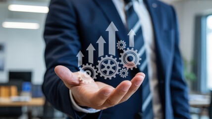 Professional manager presents digital graphic symbolizing business growth and operational synergy above an open palm