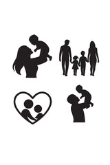Diverse Family Illustrations with Loving Parents and Children Silhouettes Set