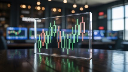 Glowing financial candlestick chart illuminates a transparent block resting on a polished wooden surface