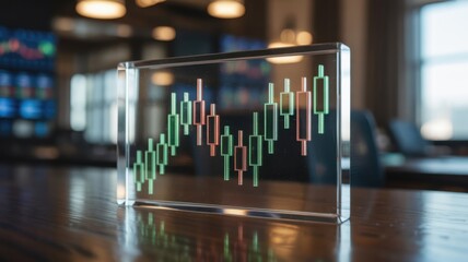 Illuminated financial chart graphic displayed within a clear glass block resting on a polished wooden surface