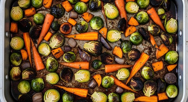 Savory roasted brussel sprouts, carrots, and sweet potatoes on a baking sheet make a tasty and healthy side dish for your autumn or winter table - Powered by Adobe