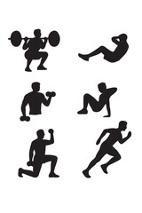 Fitness silhouettes showcasing various exercise activities on white background