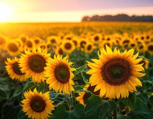 Fototapeta premium Sunlit Sunflower Field at Sunset