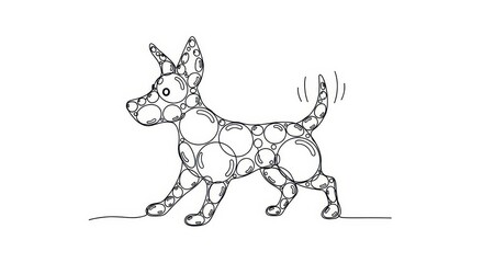 Stylized canine illustration composed of interconnected circles moves across a white background