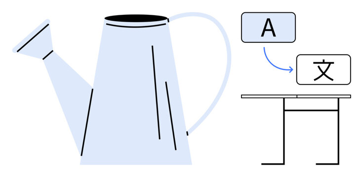 Oversized watering can paired with language symbols transitioning on a desk, representing learning, nurture, and growth. Ideal for education, communication, creativity, support, innovation language