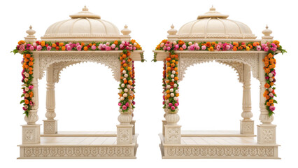 Two ornate mandaps decorated with colorful flower garlands isolated on transparent background