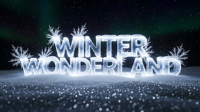 Winter Wonderland text in icy letters on snow with aurora borealis and falling snowflakes, a magical winter scene.