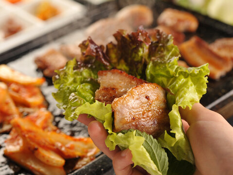 Samgyeopsal, Ssam, Korean BBQ Pork Belly Lettuce Wrap