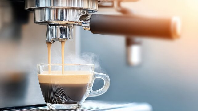 Espresso Coffee Being Brewed in Clear Glass Cup Under Commercial Coffee Machine