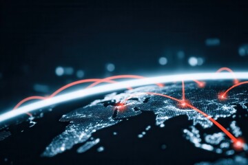 Monitors display satellite feeds processed by servers, rendering the database in real time, sharing vision analytics to optimize global air traffic systems