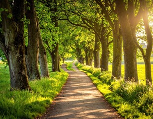 Sunlit Path Through Lush Green Trees