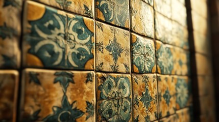 Detailed view of antique ceramic tiles featuring intricate blue and yellow patterns, highlighting aged texture