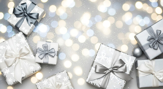 Whisk Elegant Gift Boxes with Ribbons on Shimmering Lights Background