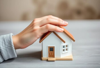 A hand gently rests on a house model, signifying care and protection, house model, property