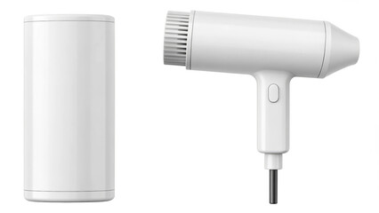 White portable travel hair dryer and its base isolated on transparent background