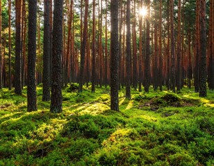 Sunlit Pine Forest with Lush Green Moss