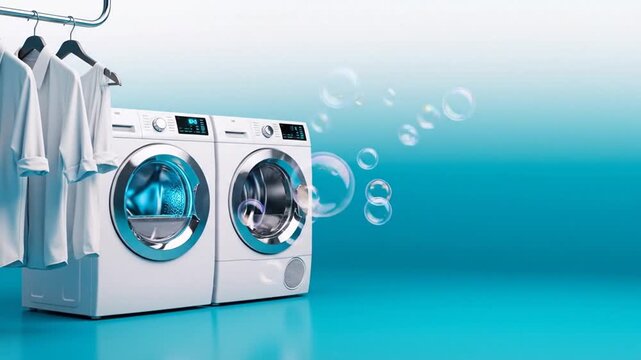laundry banner video, washing machine and dryer set glowing with modern LED lights, clean shirts on hangers swaying gently