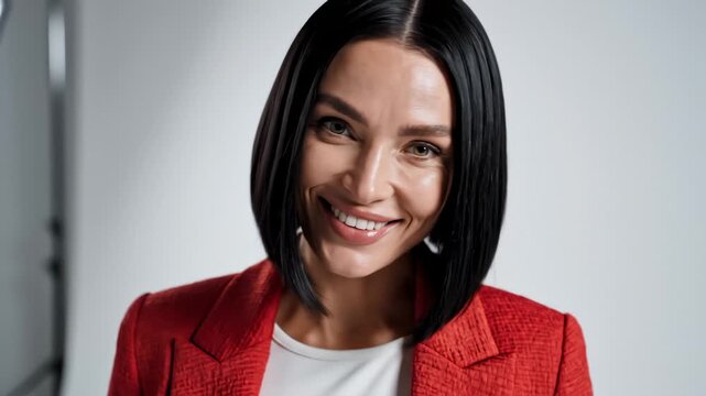 Confident Woman Smiling With Bright Red Jacket in Studio