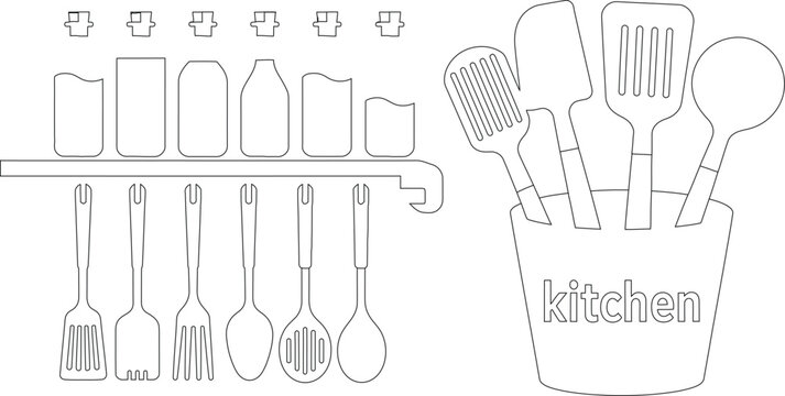 Outline Drawing of Kitchen Utensils Spatulas, Ladles, Forks, Spoons, Jars, and Container Labelled Kitchen