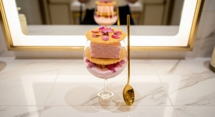 Japaneese cheesecake A delightful dessert creation featuring layers of pink mousse, delicate cookies, and edible flowers, elegantly presented in a stemmed glass.