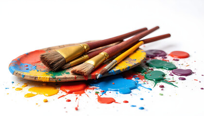Obraz premium Paintbrushes and colorful paints on a palette with splashes 