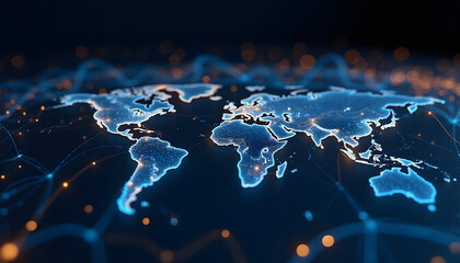 A digital financial map of the world illuminated by glowing network connections