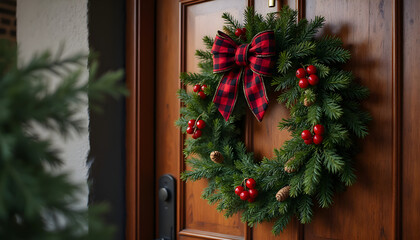 A Christmas wreath with a red bow and berries on a neighbor's wooden door