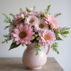 Pink daisies in a ceramic white vase on a wooden table indoors from a secret admirer 