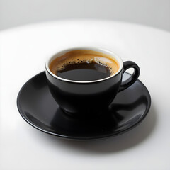 A cup of black coffee on a saucer with a rich aroma on a white table for a cheerful morning