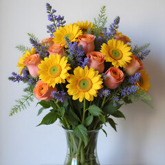A bright bouquet of yellow gerberas and pink roses in a glass vase as a gift for a woman