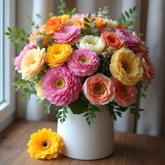 Colorful fresh bouquet of ranunculus flowers in white vase on wooden table.