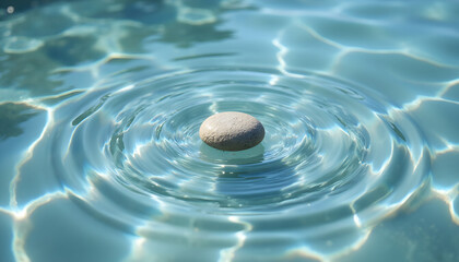 Round stone creating ripples in clear water surface  
