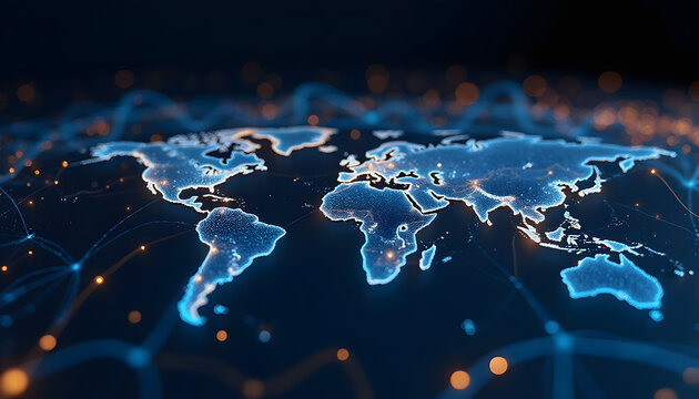 A digital financial map of the world illuminated by glowing network connections