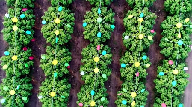 Aerial View of Decorated Mango Trees in Farm Landscape with Colorful Balloons
